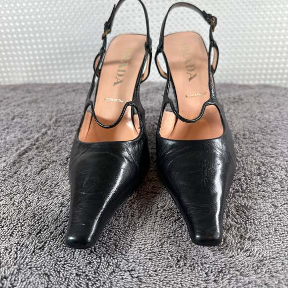 Vintage Prada Black Leather Pointed-Toe Kitten Heel Slingback Pumps - Picture 3 of 9